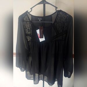 Zenobia Size 2XL Black Sheer Pullover Long Sleeve Blouse